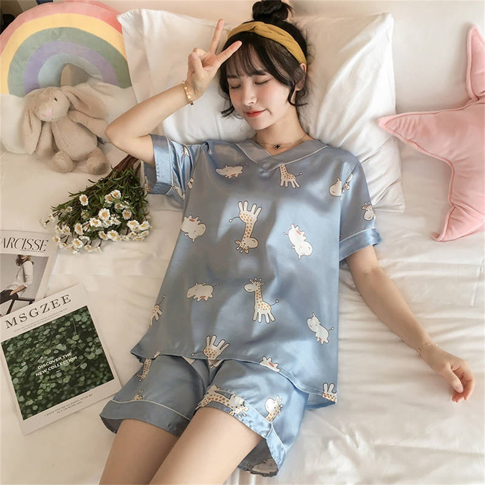 Women's Loose Casual Short Sleeve Ice Silk Pajama Set