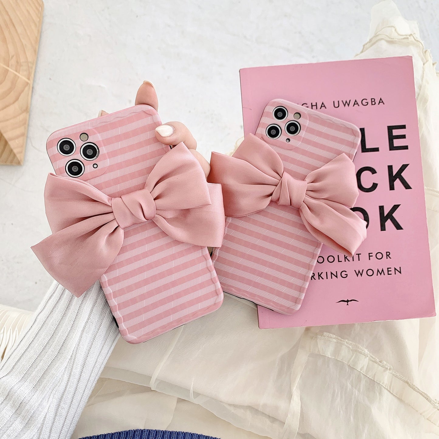 Ins Wind Striped Silk Bowknot Phone Case
