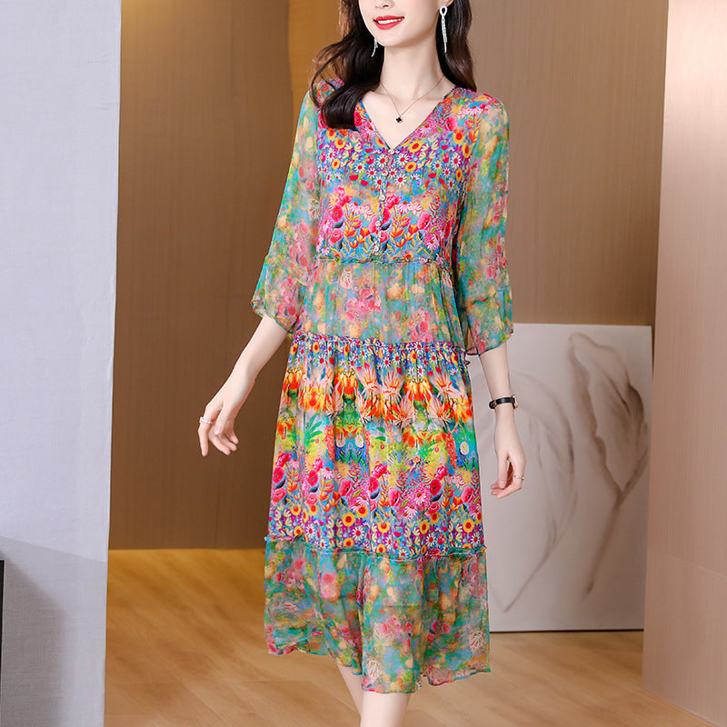 Women's Loose Print Silk Maxi Dress