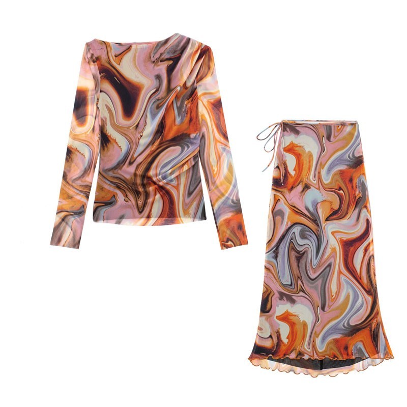 Silk Net Printing Top Shirt Half Skirt Set