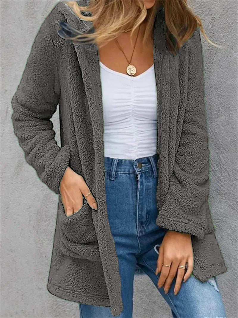 New Women's Cardigan Double Pocket Hooded Solid Color Fleece Cardigan Jacket