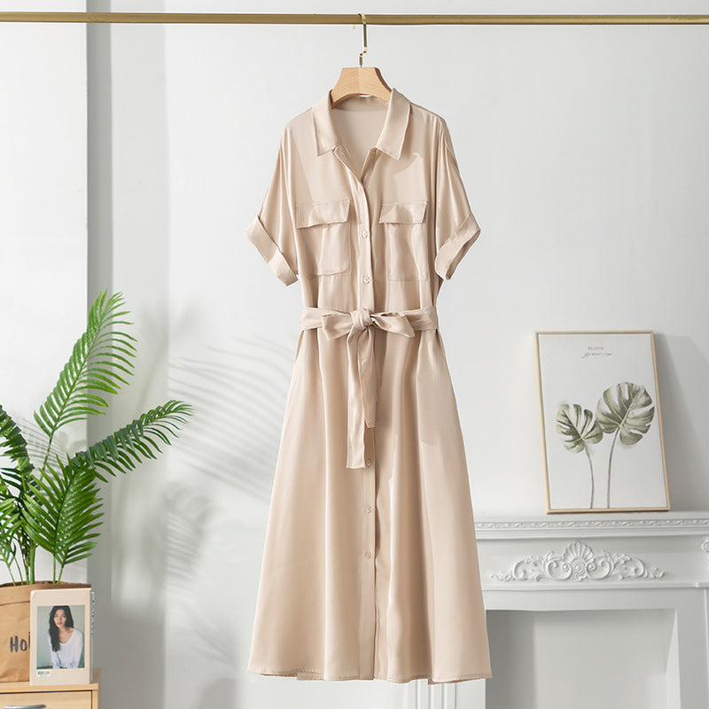 Women's Silk Dress With Lapel Waist And Slim Waist