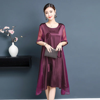 Mom Solid Color Over Knee Faux Silk Dress