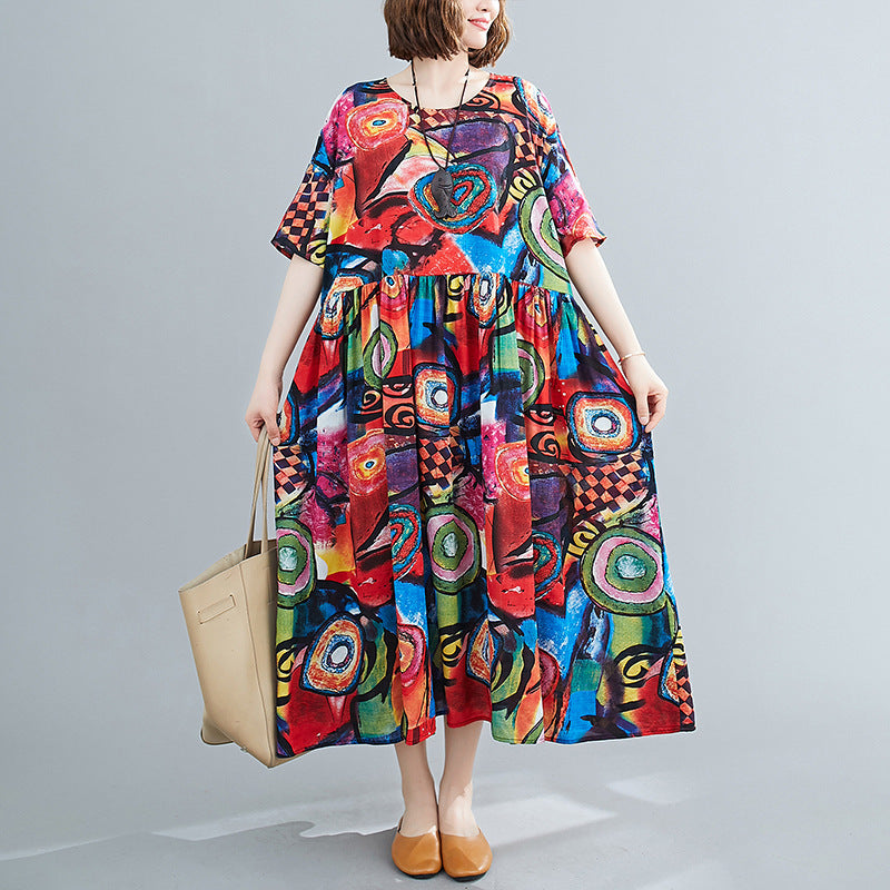 Plus Size Cotton Silk Print Short Sleeve Age-reducing Dress