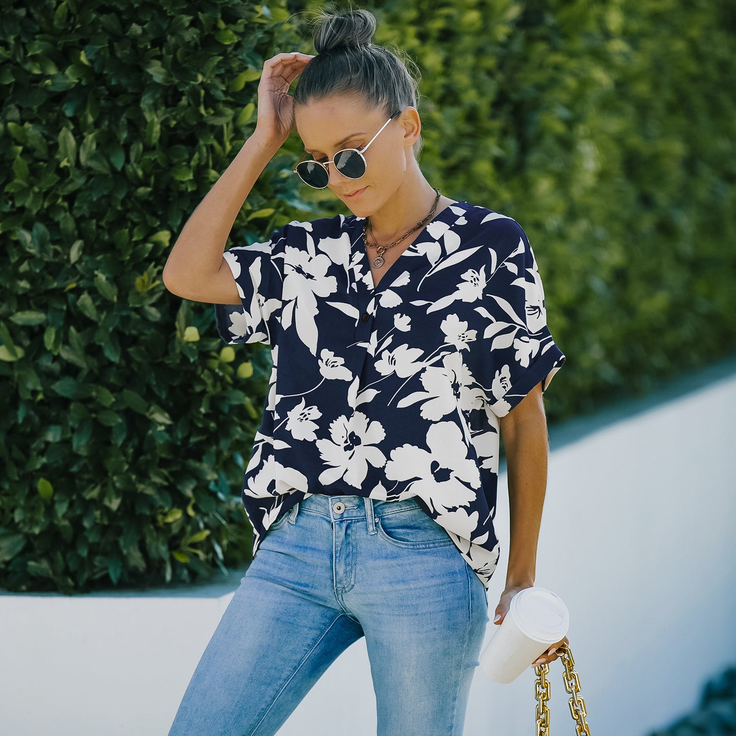 European And American Women's Ice Silk Print Loose Chiffon Shirt
