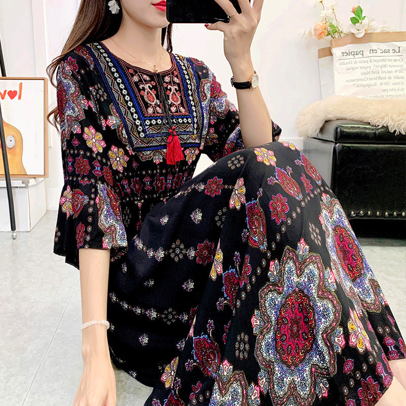 Skirt Crew Neck Ruffle Half Sleeve Cotton Silk Dress