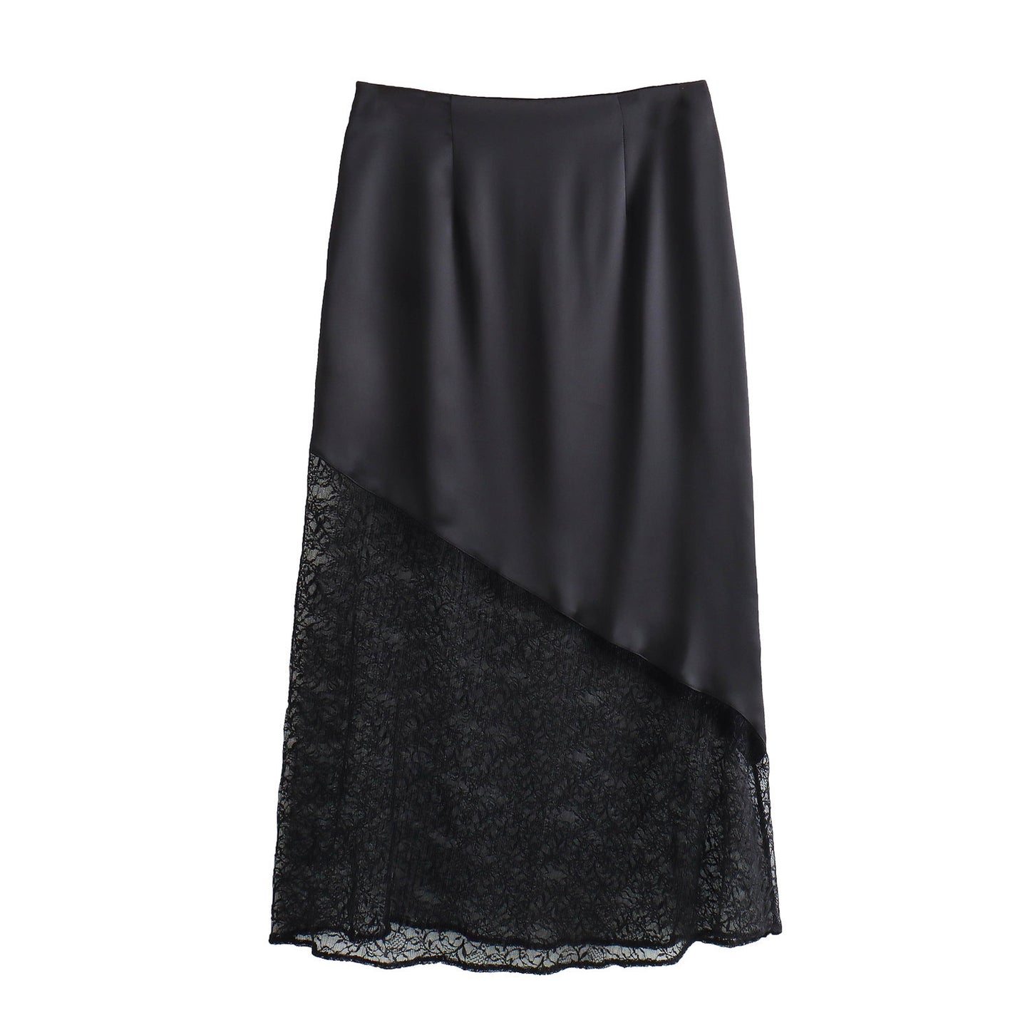 European And American Style Lace Stitching Silk Satin Texture Midi Dress