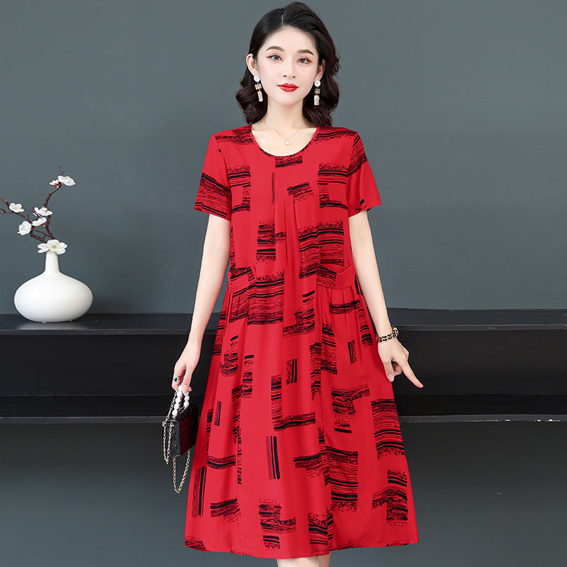 Plus Size Middle-aged And Elderly Cotton Silk Meat-covering Dress