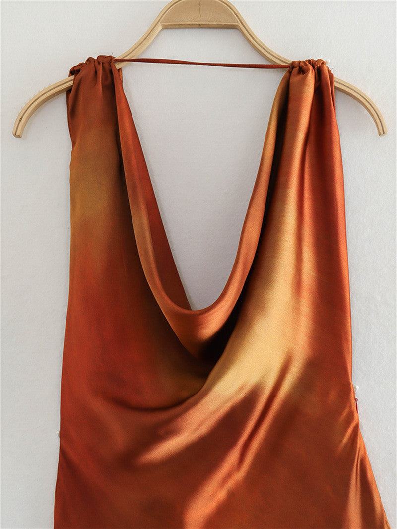European And American Style Draped Collar Silk Satin Texture Printing Dress