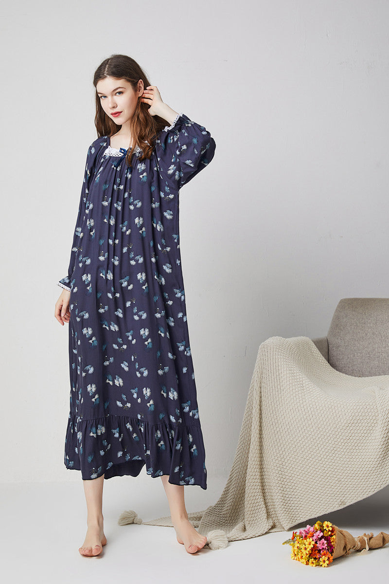 Women's Loose Breathable Long Sleeve Cotton Silk Homewear Nightdress