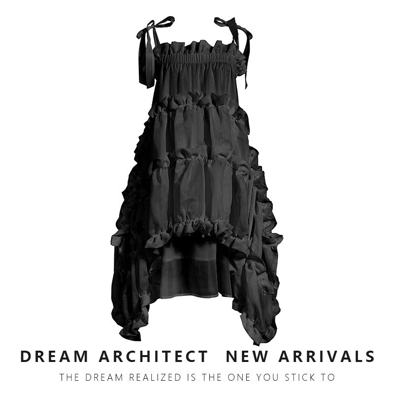 Niche Dark Artificial Silk Irregular Pleated Lace Sling Dress