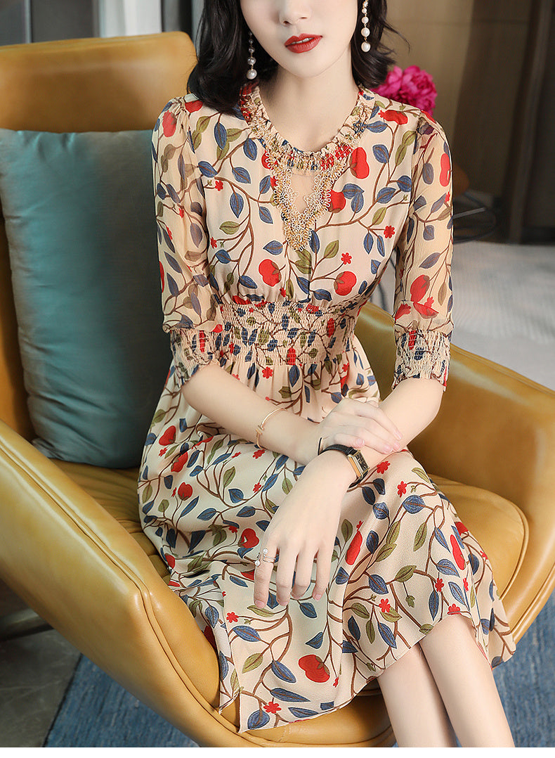 Mid-length Silkworm Silk Dress With Waist Printing