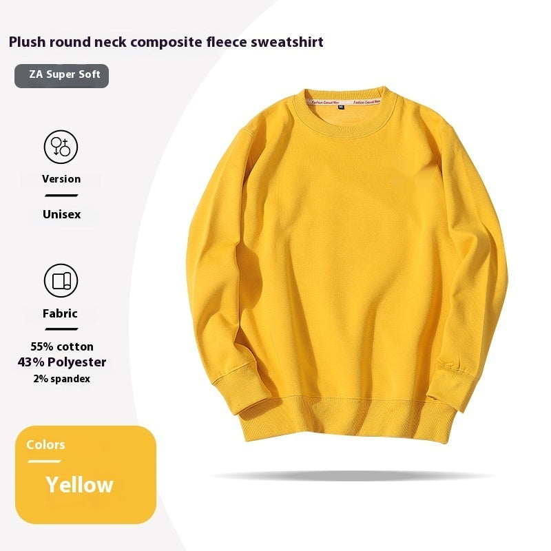 Yellow fleece sweatshirt with product details on a white background
