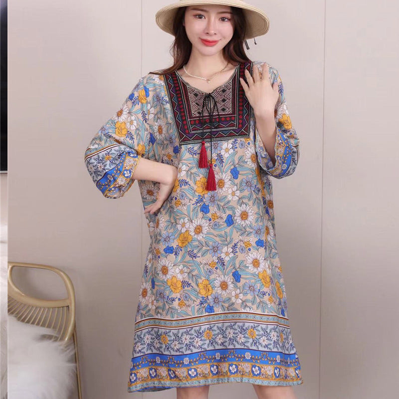 Cotton Silk Floral Dress Vintage Women's Clothing