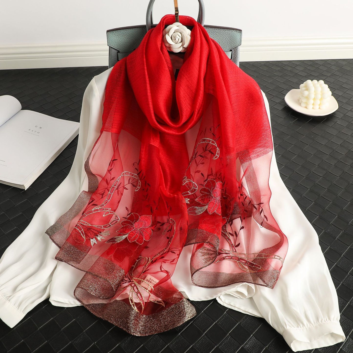 Elegant All-match Peony Silk Wool Embroidered Fashion Scarf