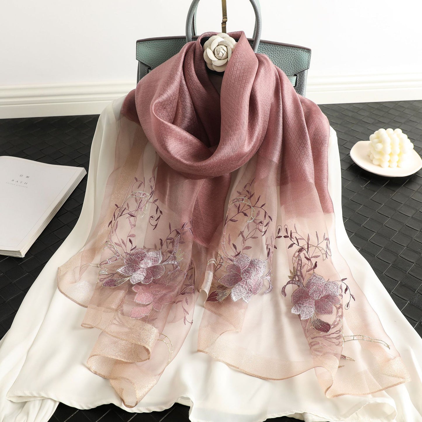 Elegant All-match Peony Silk Wool Embroidered Fashion Scarf