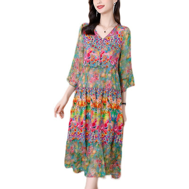 Women's Loose Print Silk Maxi Dress