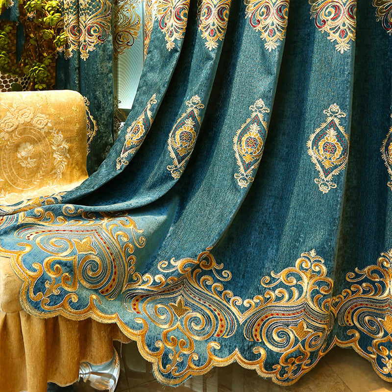 European Style Chenille Curtain Cloth Blackout Gold Silk Embroidery