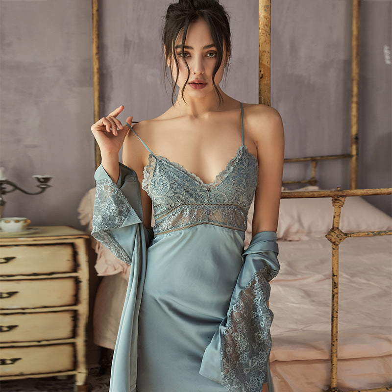 Spring And Autumn Summer Silk Halter Lace Temptation Nightgown