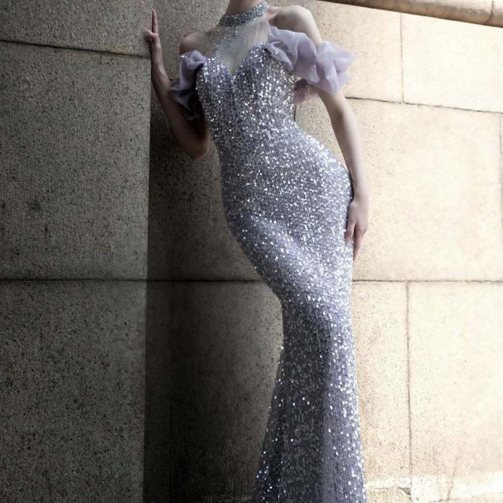 Celestial Muse – Beaded Fishtail Halter Gown