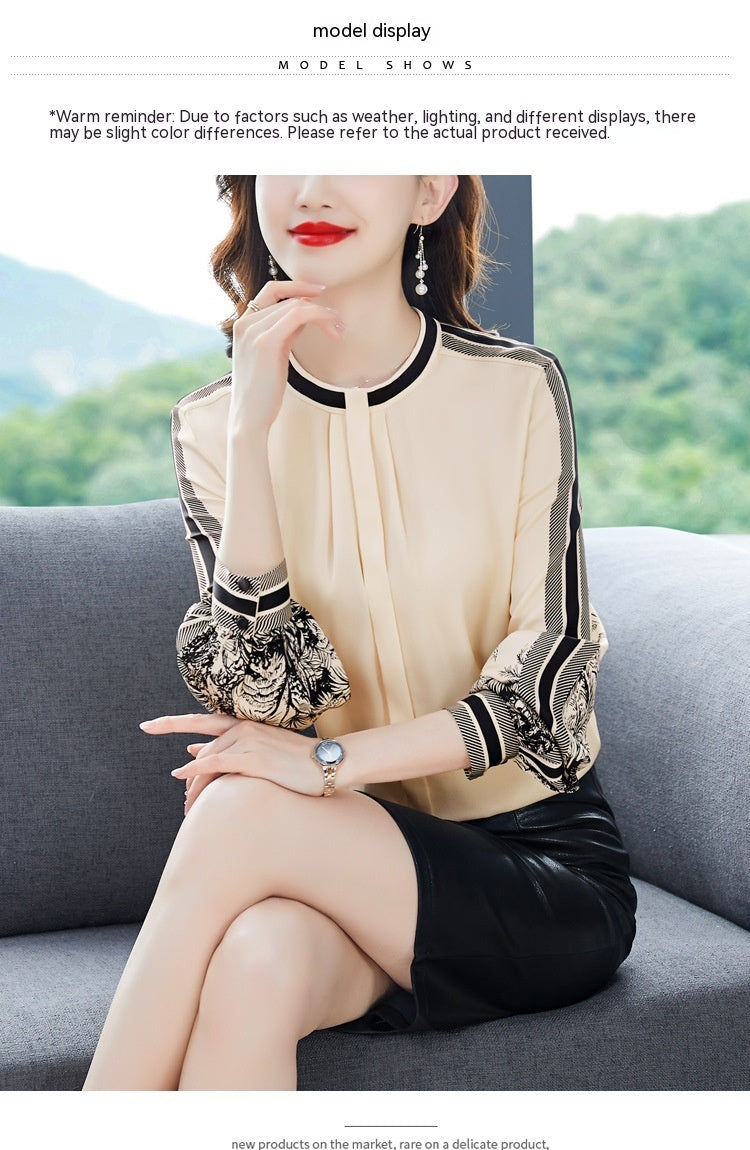 Women's Spring Clothing Versatile Slimming Temperament Printed Mulberry Silk Satin Shirt Long Sleeve