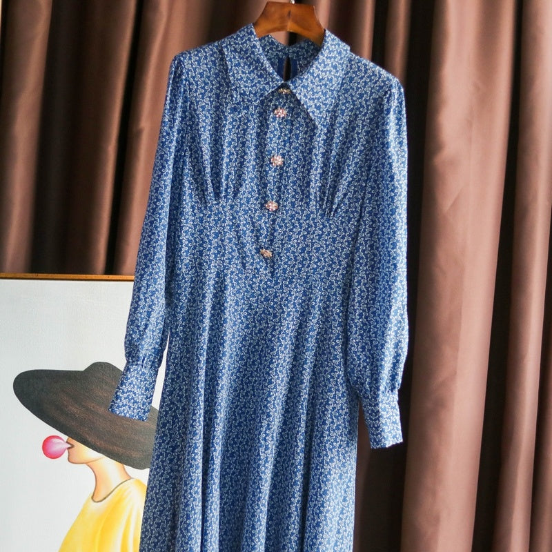 Ladies Blue Small Floral Crystal Button Silk Dress