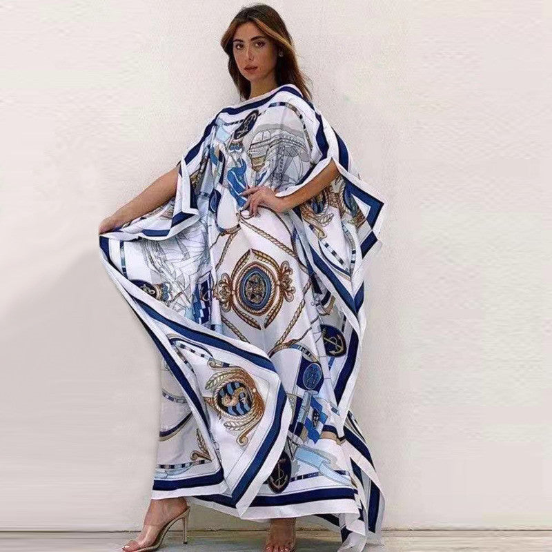 Printed Knitted Silk Dress With Large Sleeves And Loose