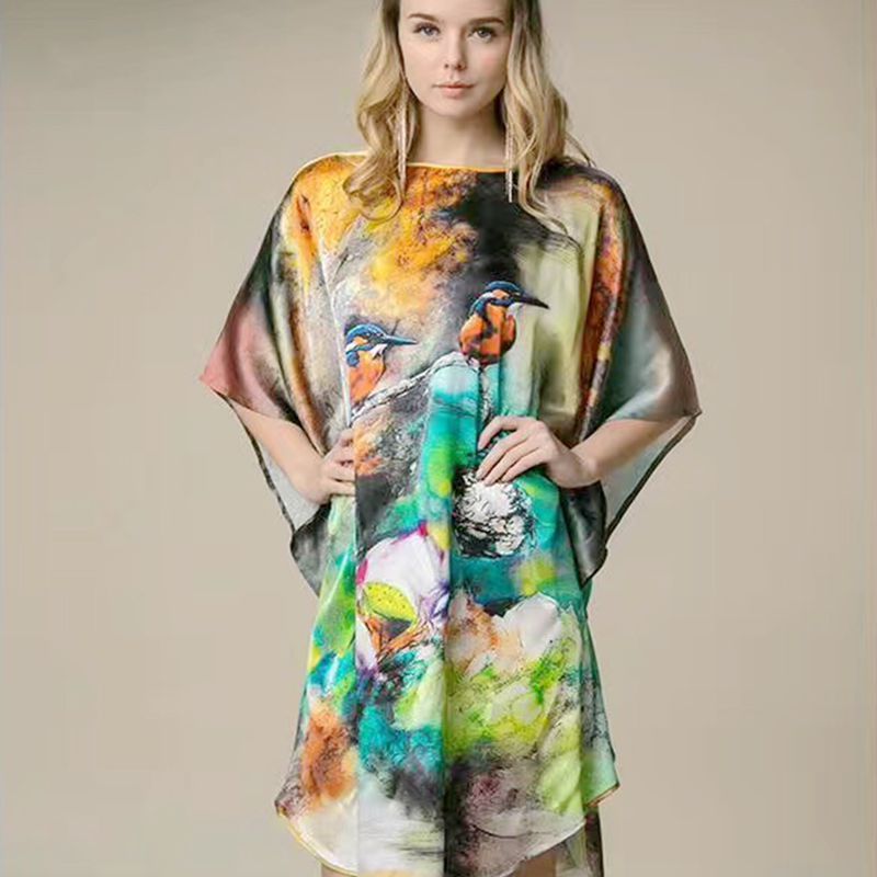 Inkjet Bat Shirt Women's Spring And Summer Home Service New Style Silk Silk Pajamas Nightdress Loose