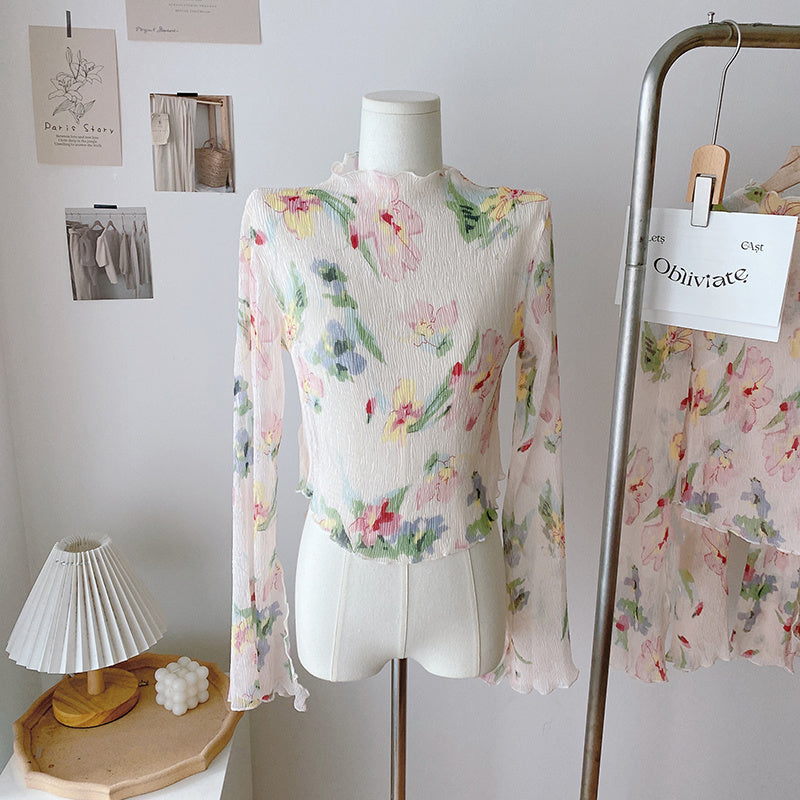 Women's Silk Pleated Half Turtleneck Printed Bottoming Shirt