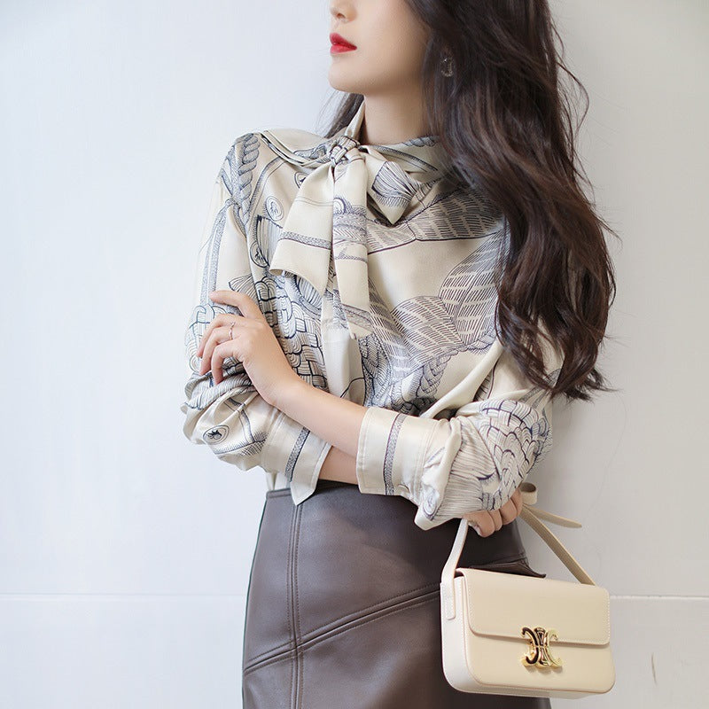Bow Float Collar 16MM Twill Silk Printed Shirt Top