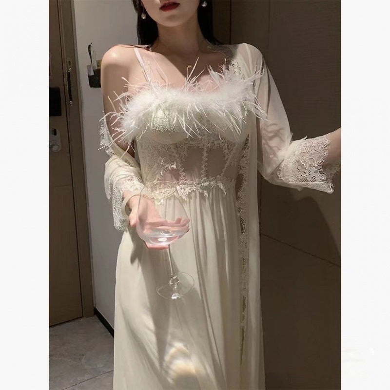 Feather Slip Nightdress Long Ice Silk Pajamas
