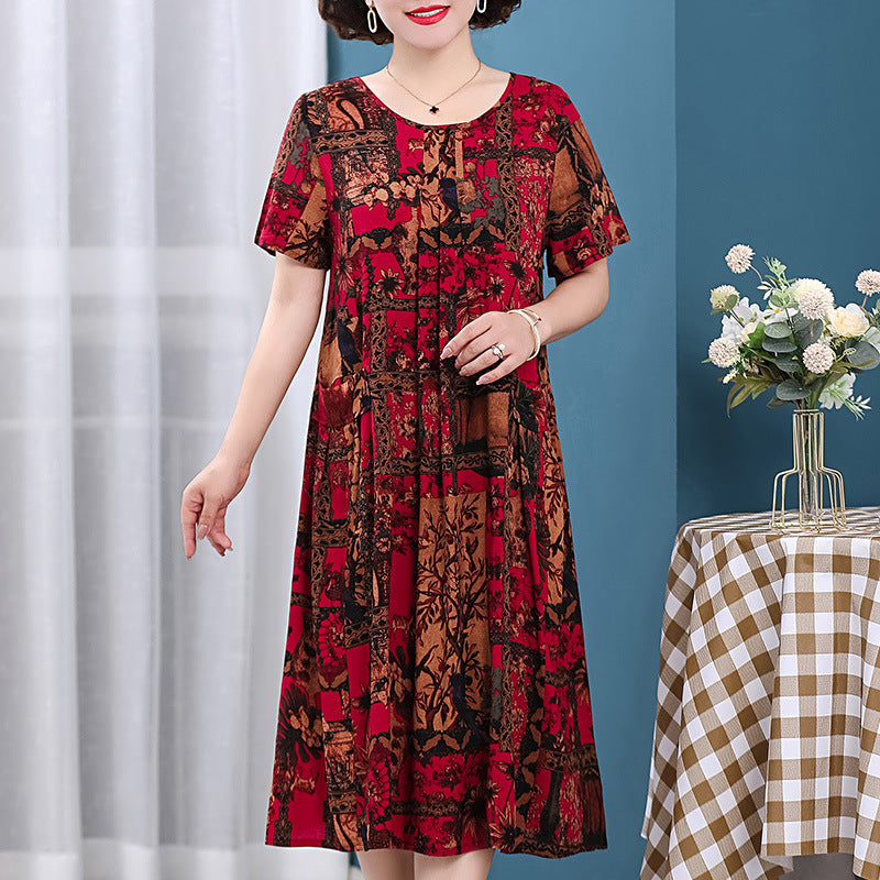 Plus Size Middle-aged And Elderly Cotton Silk Meat-covering Dress