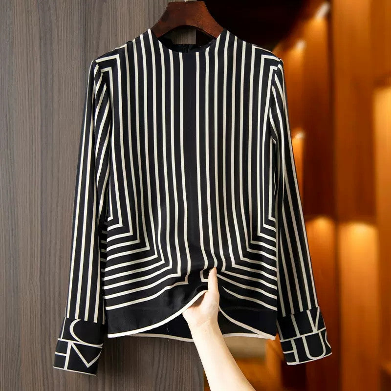 French High-end Vintage Stripe Silk Shirt For Women