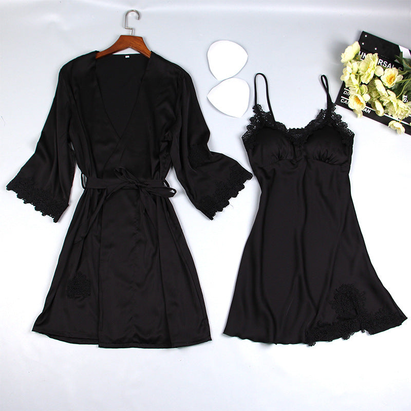 Long Sleeve Ice Silk Sling Nightgown Suit