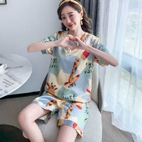 Women's Loose Casual Short Sleeve Ice Silk Pajama Set