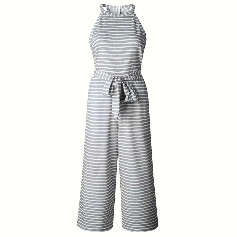 Womens Casual Striped Jumpsuits Summer Cap Sleeve Wide Leg Jumper Romper Button Down Travel Beach Outfits