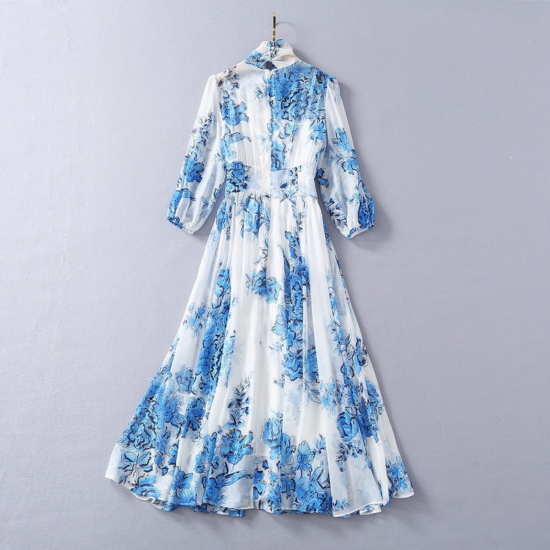 Silk Collar Blue And White Porcelain Printed Chiffon Fashion Dress