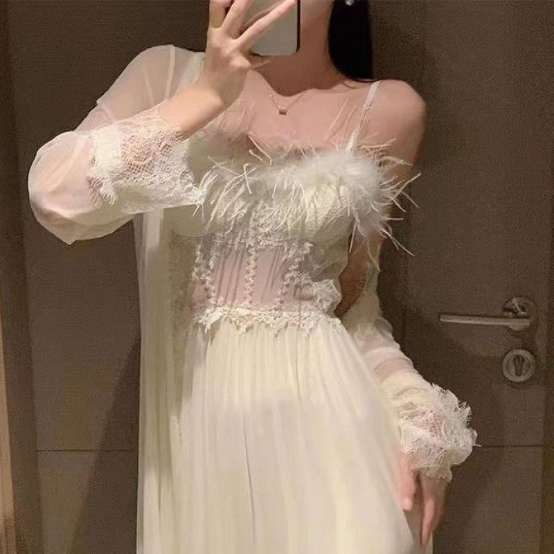 Feather Slip Nightdress Long Ice Silk Pajamas