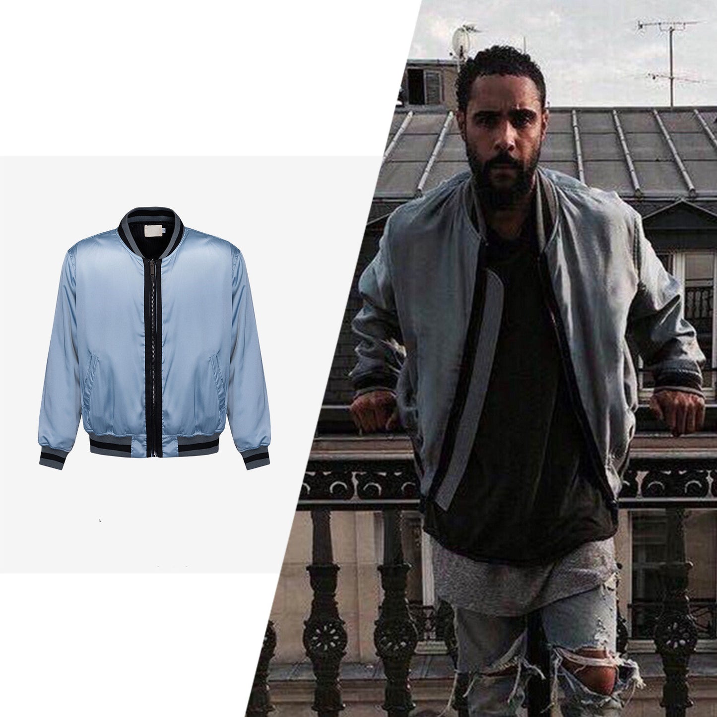 Blue Silk Cotton Bomber Jacket