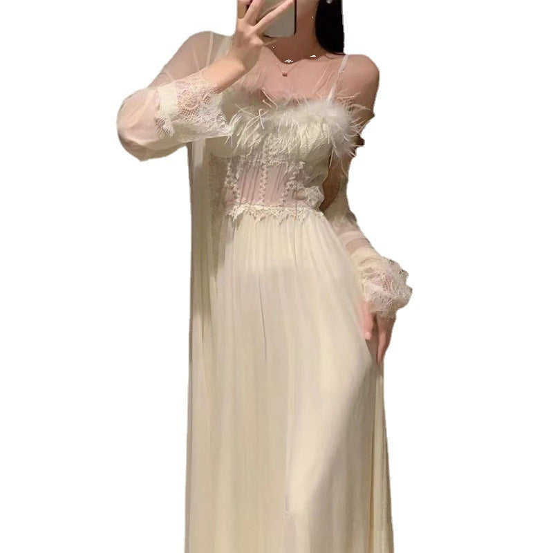 Feather Slip Nightdress Long Ice Silk Pajamas