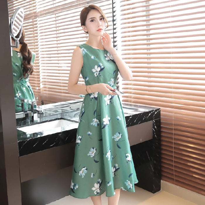 Women's Fashion Ice Silk Midi Printing Dress