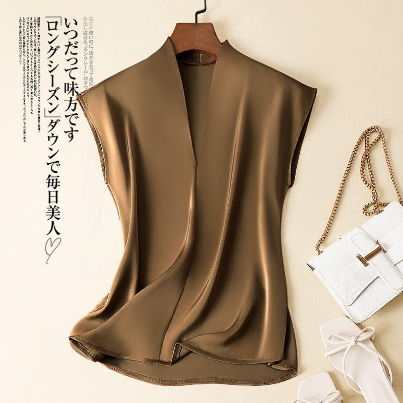 Silk V-neck Shirt Western Style Loose Sleeveless T-shirt