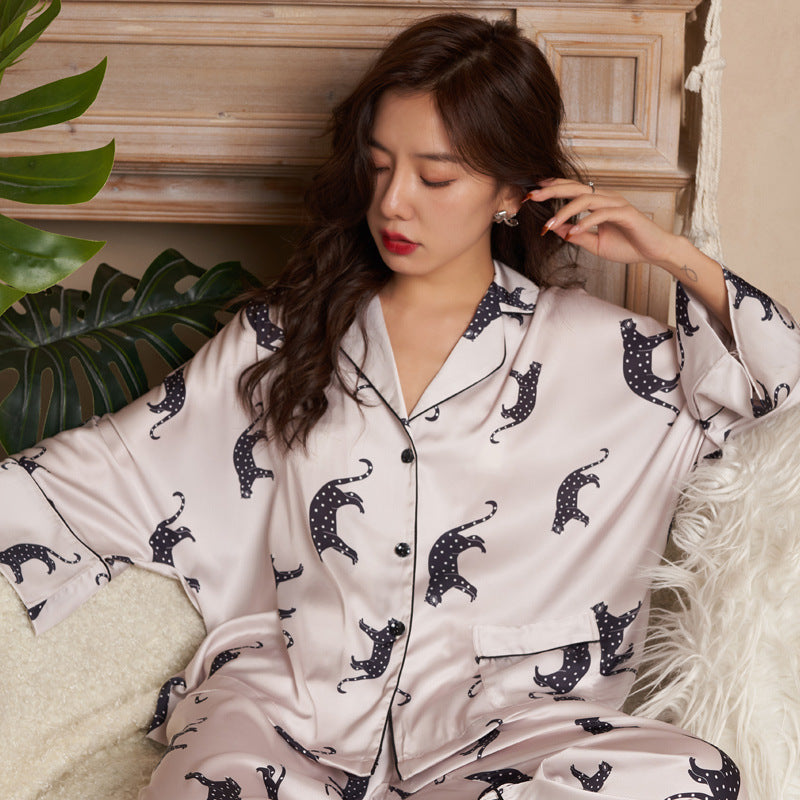 New Ice Silk Sleeve Digital Print Leopard Pajama Women