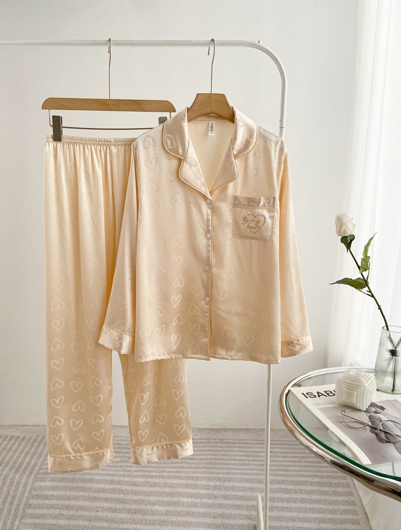 Women's Thin Ice Silk Love Long-sleeved Trousers Pajamas Suit