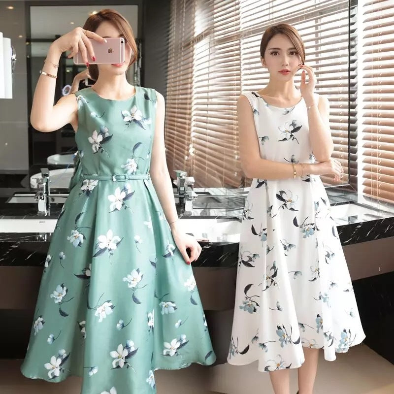 Women's Fashion Ice Silk Midi Printing Dress