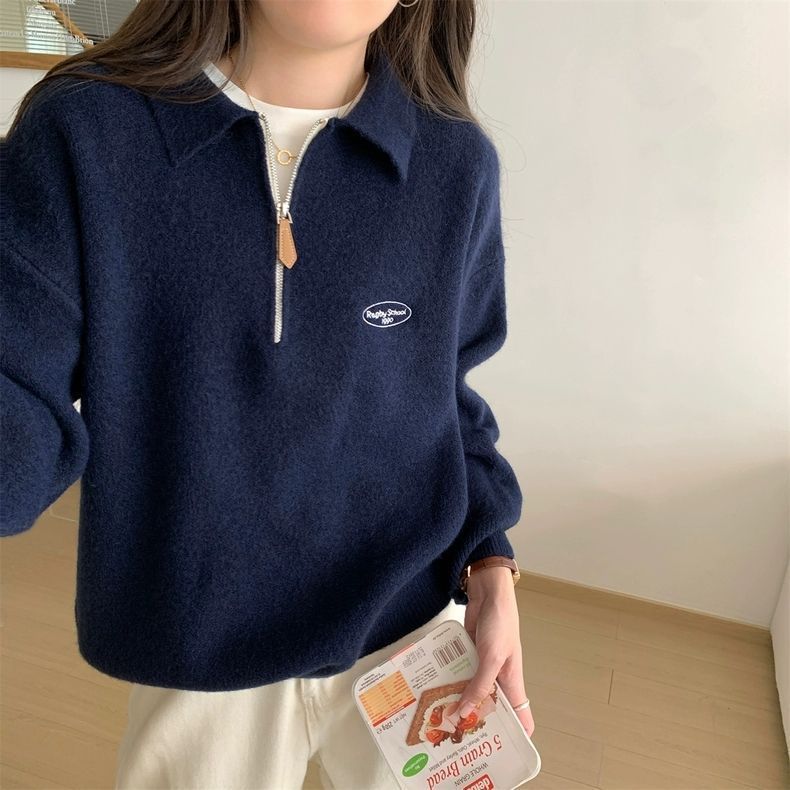 SeoulEase Polo Knit Zip Sweater