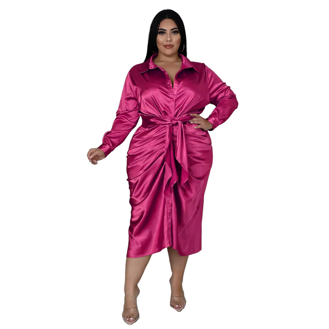 Large Size Women's Reflective Silk Pleated Lace-up Shirt Dress