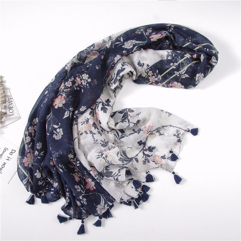 Vintage Vine Flower Print Handmade Fringed Silk Scarf