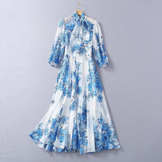 Silk Collar Blue And White Porcelain Printed Chiffon Fashion Dress
