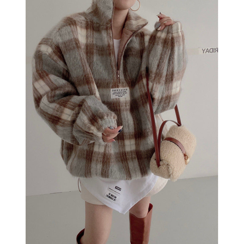 PlaidAura Stand Collar Woolen Sweater
